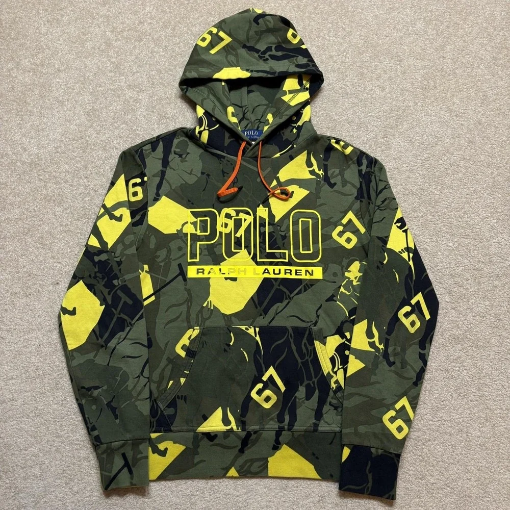 Polo Ralph Lauren Hoodie Sweatshirt Mens Small Green Camo Polo Logo Double Knit